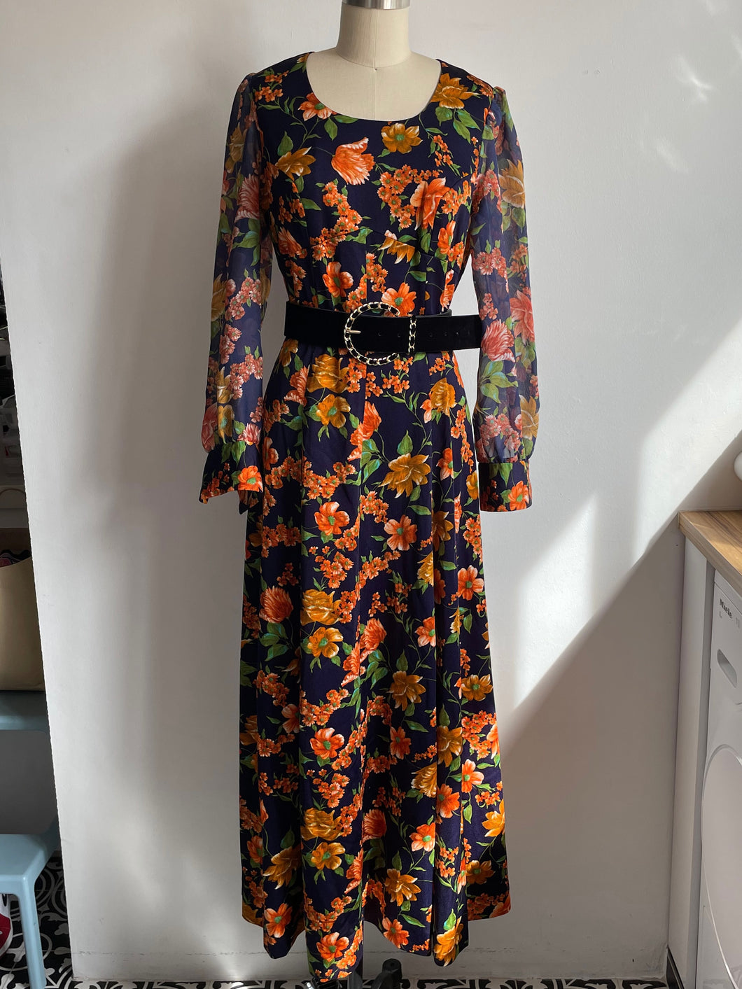 Vintage 80s french floral puffed sleeve maxi dress