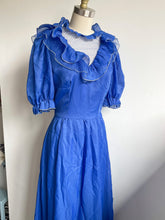 Load image into Gallery viewer, Amazing 80’s vintage prairie blue puff sleeve maxi dress
