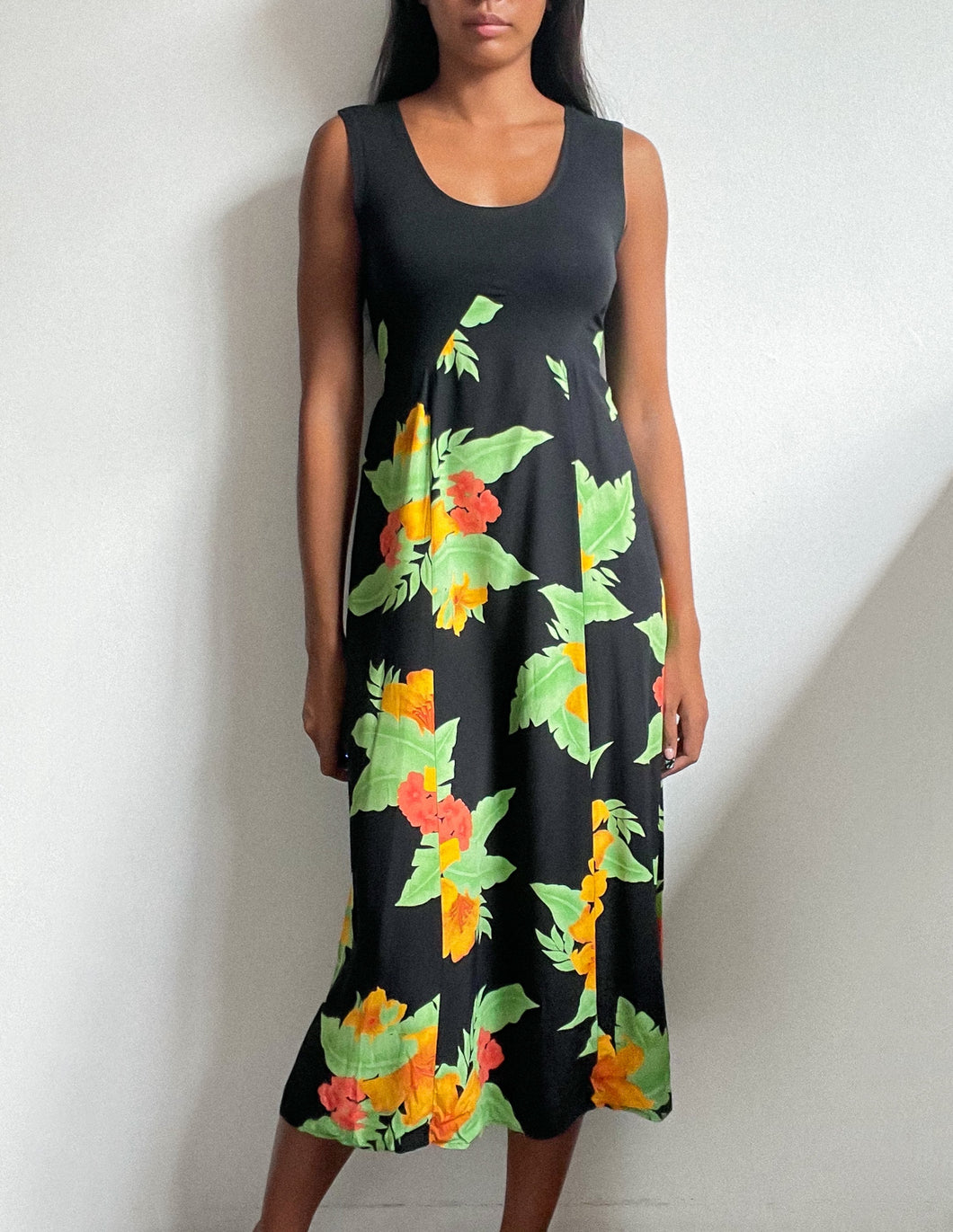 90’s tropical long tie back dress